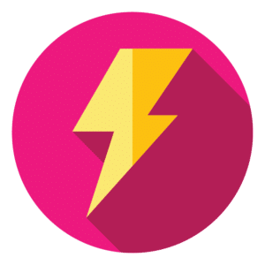 A lightning bolt icon on a pink circle.