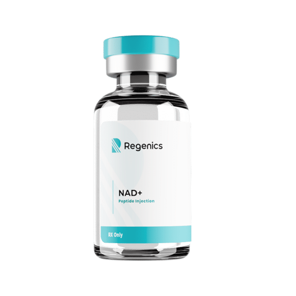 A vial of NAD+ therapy medication with a label listing its uses and dosage recommendations, isolated on a white background.