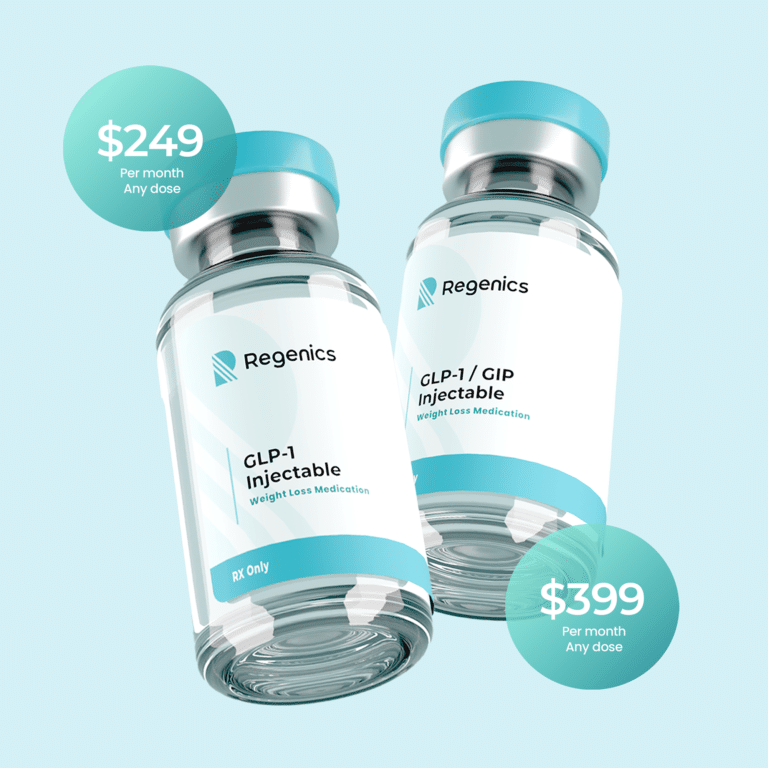 Two vials labeled "Tirzepatide Injectable" and "Semaglutide Injectable" with prices of $399 and $249 per month, respectively, on a blue background.