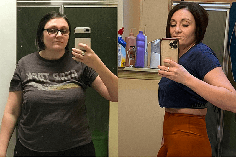Two side-by-side mirror selfies showcase a remarkable transformation. On the left, they wear glasses and a dark T-shirt; on the right, after successful weight loss, they don a blue top and orange leggings. This inspiring journey could easily grace any Regenics landing page as a testament to dedication.